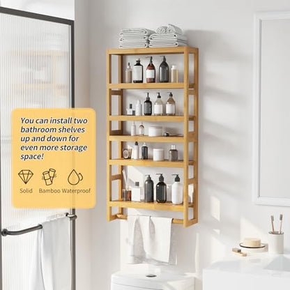 Bathroom Shelves with Hanging Bar Over Toilet Storage - Adjustable Wall Organizer (Natural) - color: Natural
