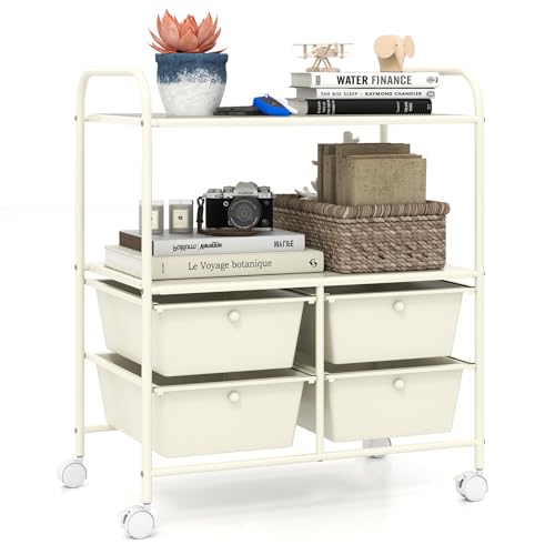 GOFLAME 4-Drawer Rolling Storage Cart with 2 Shelves, Mobile Utility Cart with Removable Drawers and Metal Frame, Art Craft Drawer Cart with Lockable Wheels for Home, Office, School, Studio, White - color: White