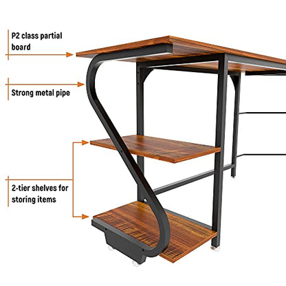Weehom Reversible L Shaped Desk with Shelves Large Corner Computer Desk Gaming Desks for Home Office Writing Workstation Wooden Table,Rustic Brown