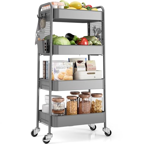 TOOLF 4 Tier Rolling Cart with Pegboard, Metal Storage Organizer Cart with Wheels, Hooks & Bins Esthetician Craft Art Sturdy Storage for Bathroom, Kitchen, Office, Nursery Diaper - color: Gray, size: 4-Tier