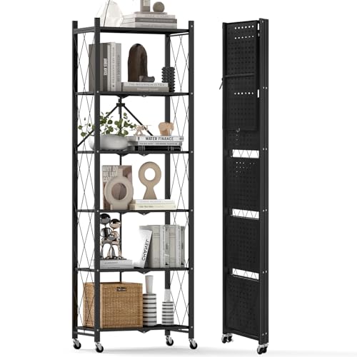 DEANIC 6-Shelf Folding Bookcase with Wheels, Heavy Duty Storage Shelves, Freestanding Metal Wire Shelving Unit for Living Room, Office, Kitchen, Basement, Pantry (Black) - color: Black, size: Compact 6 tier