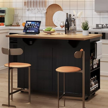 IDEALHOUSE Rolling Kitchen Island with Drop Leaf Countertop, Charging Station & Ample Storage - 47.2" Mobile Kitchen Cart On Wheels with Pull-Out Shelves, Drawers, Spice Rack & Organizer Divider