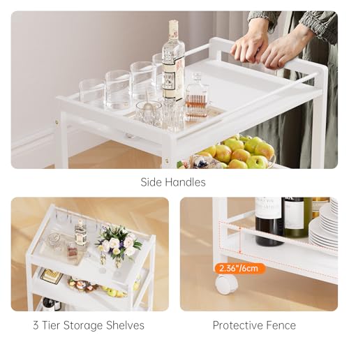 HITNET White Bar Cart, Home Bar Serving Cart, Kitchen Trolley on Wheels with Storage, 3 Tier Rolling Beverage Cart for Living Room Kitchen Home Office - color: White
