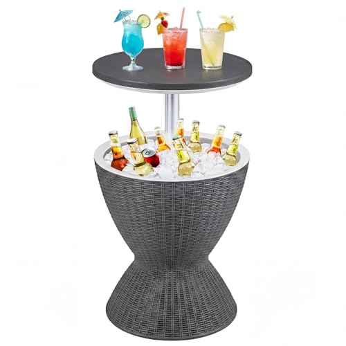 Tangkula Outdoor Cooler Table, Multi-Functional Cooler Bar Table, Adjustable Height Ice Cooler Side Table w/Drain Plug, 8 Gallon Beer & Wine Cooler, Rattan Style Patio Furniture for Pool Parties - color: Grey