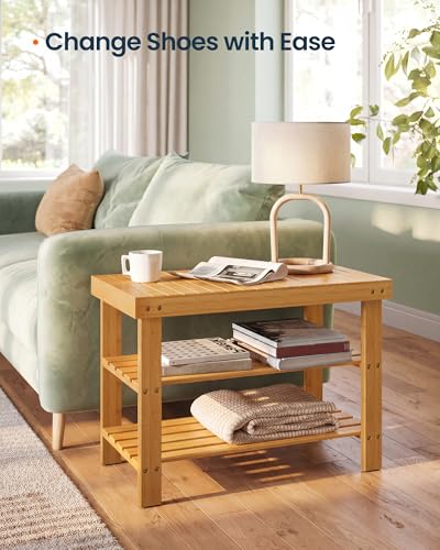 SONGMICS HOME 3-Tier Bamboo Shoe Bench, Shoe Rack, for Entryway Bathroom Bedroom, 11.5 x 27.8 x 18 Inches, Natural - color: Natural