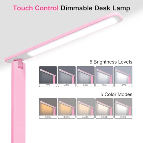 shinelife LED Desk Lamp for Office Home, Bright Desk Light with USB Charging Port, Adjustable Dimmable Desk Lamps 5 Modes 5 Brightness, Touch Study Lamp for Nail, Craft, Puzzle, Sewing, Study, Pink - color: Pink