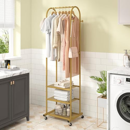 Kaitiemoo Heavy Duty Clothing Rack With Wheels,Modern Garment Rack With 3 Metal Shelves, 71.8Inches Display Rack For Hanging Clothes, Hanging Rod For Small Space,Gold - color: Gold
