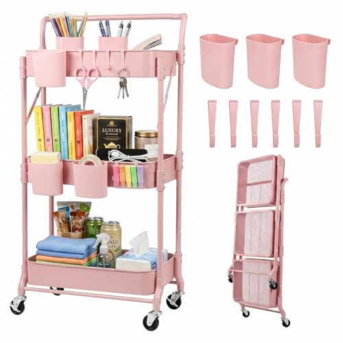 Amatic 3-Tier Folding Rolling Utility Cart with Wheels, Foldable Storage Cart Organizer with 3 Hanging Cups & 6 Hooks for Kitchen, Office, Living Room, Nursery(Pink) - color: Pink