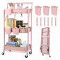 Amatic 3-Tier Folding Rolling Utility Cart with Wheels, Foldable Storage Cart Organizer with 3 Hanging Cups & 6 Hooks for Kitchen, Office, Living Room, Nursery(Pink) - color: Pink
