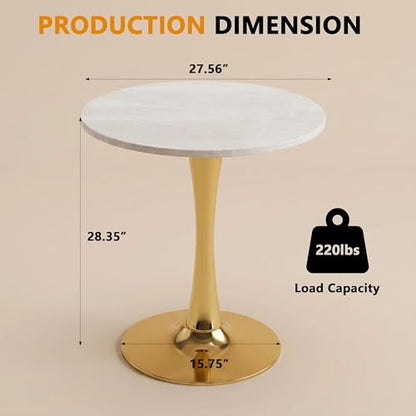 27.6" Marble Round Tulip Table, Mid-Century Modern Style Dining Table with Gold Pedestal Base for 2-4 People, Featuring A Marble Tabletop for Kitchen, Dining Room, Cafe (Grayish White) - color: Grayish White#gold