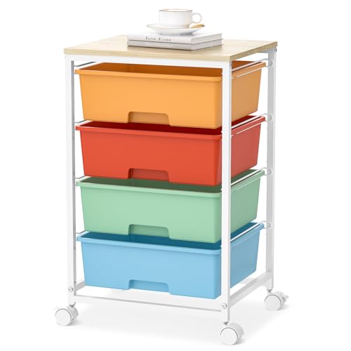 SYKIARIOL Rolling Cart with Drawers, 4-Drawer Utility Cart, Macaron | Storage Cart with 4 Drawers and Wooden Tabletop & Lockable Wheels for Home Office, Bedroom, Kids Room, Classroom,4 Tiers - color: Macaron