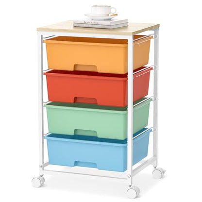 SYKIARIOL Rolling Cart with Drawers, 4-Drawer Utility Cart, Macaron | Storage Cart with 4 Drawers and Wooden Tabletop & Lockable Wheels for Home Office, Bedroom, Kids Room, Classroom,4 Tiers - color: Macaron