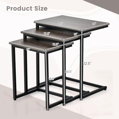 Tangkula Nesting Table Set of 3, Rectangle Stacking Side End Table w/Wood Top & Metal Legs, Adjustable Foot Pads, C-Shaped Accent Coffee Tables for Small Spaces, Living Room (C-Shaped, Gray, 3-pc) - color: Grey