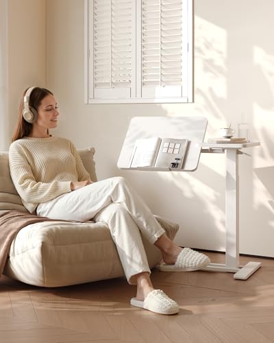 FLEXISPOT Adjustable Height C-Shaped End Table with Single-Side Tilting Top, Mobile Side Table for Sofa & Bedside, Slides Under Furniture, Hidden Wheels for Small Spaces, 27.6" W x 15.7" D, White - color: White, size: 27.6"W x 15.7"D