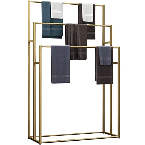 3 Tier Standing Towel Rack - Extra Wide Large Bathroom Towel Stand, Heavy-Duty Metal Towel Drying Rack for Poolside (Matte Gold, 25.6” Wide) - color: Gold
