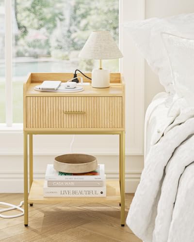 Nightstand with Charging Station, 3-Tier Bed Side Table, Small End Table, Night Standwith Open Shelf and Drawer, Bedside Table for Bedroom, Living Room, Oak - color: Oak, style: With Charging Station