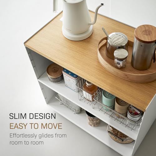 Yamazaki Home Tower Mobile Hideaway Storage Cart – Rolling Printer Stand with Adjustable Shelves, Hidden Storage, Rolling Cart with Wheels, Mobile Office Organizer, Utility Cart, 23" - Steel + Wood - - color: White