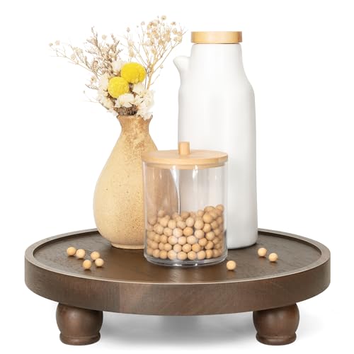 EOSAHR Farmhouse Wood Riser for Home Decor – Acacia Wood Round Pedestal Stand for Bathroom Decor & Kitchen Sink – Decorative Tray for Soap Dispenser, Plant & Cupcake (Dark Acacia) - color: Dark Acacia