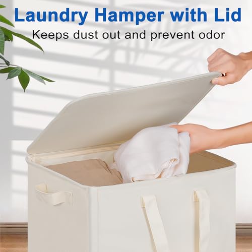 Vincona Slim Laundry Hamper with Lid and Wheels, Small Rolling Laundry Basket with Handle for Small Spaces, Tall Dirty Clothes Hampers for Dorm, Bathroom and Bedroom, 95L, Beige - size: 95L
