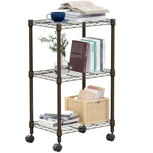 M MZG 3 Tier Shelf Metal Storage Shelves Wire Rack Closet Organizers with Wheel for Garage Kitchen Bathroom Laundry Brown 11.8" D x 17.7" W x 29.8" H - color: Brown, size: 3 tier, 11.8" D x 17.7" W x 29.8" H