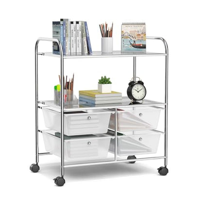 RELAX4LIFE Rolling Storage Cart with 4 Drawers & 2 Shelves, Metal Frame Paper Scrapbook File Organizer for Home Office, School Classroom, Movable Art Craft Cart (Clear) - color: Clear