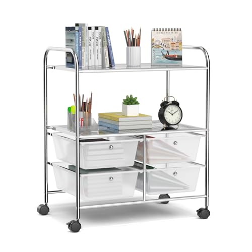 RELAX4LIFE Rolling Storage Cart with 4 Drawers & 2 Shelves, Metal Frame Paper Scrapbook File Organizer for Home Office, School Classroom, Movable Art Craft Cart (Clear) - color: Clear