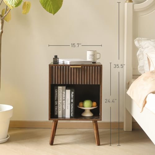 Fultyle Mid Century Modern Nightstand, Wood Bedside Table with Drawer and Open Storage, End Table Living Room Fluted Night Stand with Solid Wood Legs for Bedroom (Rustic Brown) - color: Rustic Brown