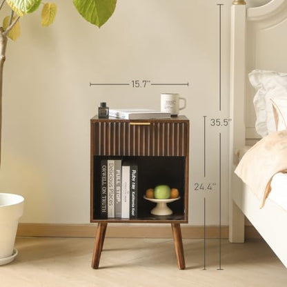 Fultyle Mid Century Modern Nightstand, Wood Bedside Table with Drawer and Open Storage, End Table Living Room Fluted Night Stand with Solid Wood Legs for Bedroom (Rustic Brown) - color: Rustic Brown