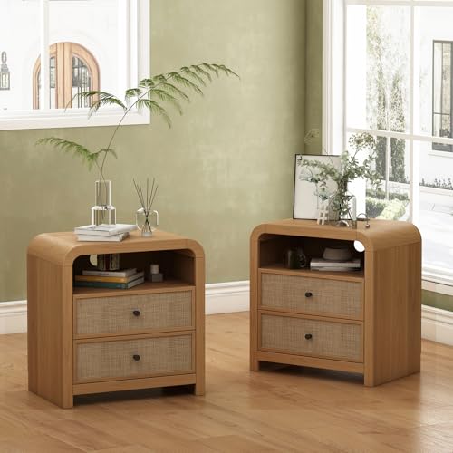 Oak&Sparrow Rattan Nightstand Set of 2, 23.6'' Rattan End Table with Ample Storage, Boho Nightstand with Charging Station, Thickened Curved Profile Design, Oak Nightstands for Living Room, Bedroom - color: Natural Oak, size: 2 Pieces