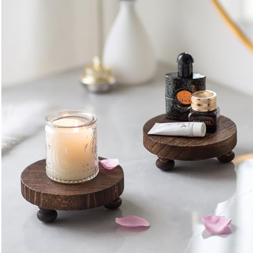 Romadedi Farmhouse Wood Riser for Display- 4 pcs Rustic Decor Mini Wooden Pedestal Decorative Round Tray for Home Table Bathroom Counter Shelf Kitchen, Brown - color: Brown, size: 4 PCS