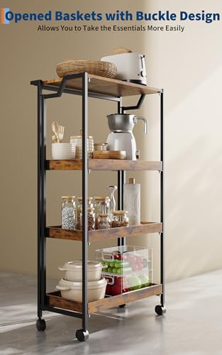Jojoka No Assembly Folding Kitchen Cart with Wood Top, 4 Tier Collapsible Rolling Utility Cart on Wheels, Industrial Mobile Kitchen Island Storage Cart for Small Spaces, RV and Pantry, Rustic Brown