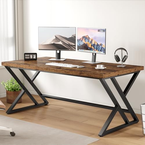LVB Rustic Wood Computer Desk, Metal Home Executive Office Desk, Industrial Large Gaming Writing Desk, Wooden Student Study Computer Table for Bedroom Living Room, Rustic Brown, 60 Inch - color: Rustic Brown, size: 60 inch