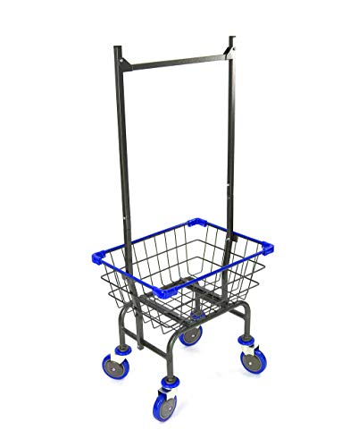 Laundry Cart Grey Powder Coated with Double Pole Rack, 1.5-Bu (Red, Black, Blue Trim) (Blue) - color: Blue
