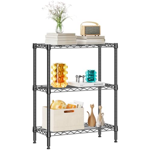 3 Tier Wire Shelving Unit, Small Metal Wire Shelf for Kitchen & Bathroom | 11.8" D X 25.6" W X 31.5" H Adjustable Black Storage Shelf, 750 LBS Shelf Rack Organizer for Bedroom, Office and Small Spaces - color: Black, size: 3-tier 11.8" D x 25.6" W x 31.5"