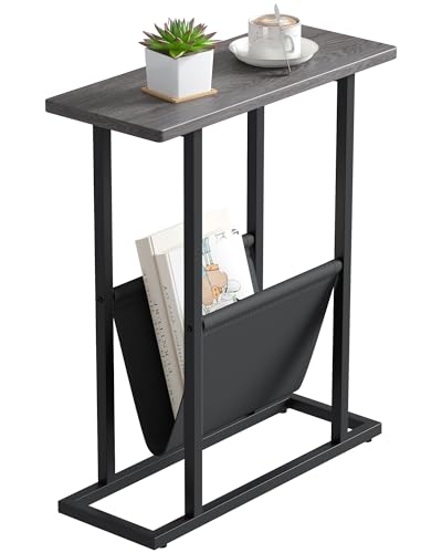 Yusong Narrow Side Table for Small Spaces, Small End Table with Magazine Holder, Skinny Slim Little Thin Table for Living Room, Bedroom, Sofa, Grey Oak - color: Grey, size: 16.5"W