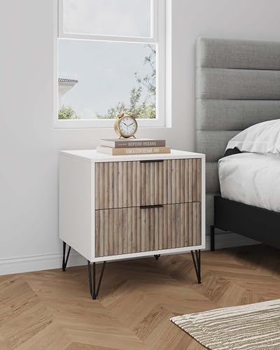 BROVAVE Sturdy Metal Legs Small Nightstand, Modern Nightstand with Textured Drawers, Storage Cabinet for Indoor use, Grey+White - color: Grey+white
