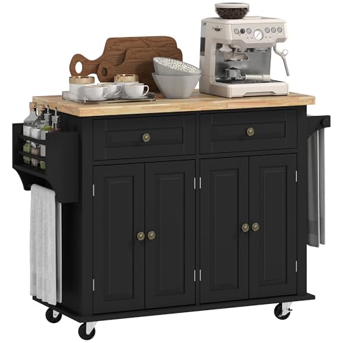 HOMCOM Kitchen Island Cart with Solid Wood Top, 44" Mobile on Wheels, Black | Kitchen Island Table, Storage Cabinets, 2 Drawers, Adjustable Shelves, Spice Rack, Towel Bar, Dining Room - color: Black