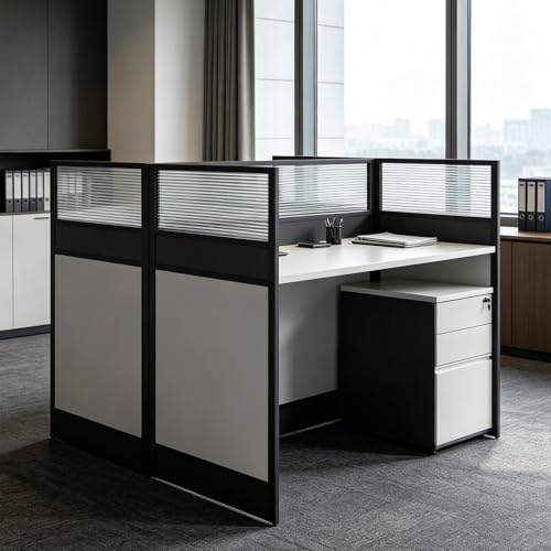 4 Person Standing Office Desk with Built-In Outlet,94.5 Inch Cubicle Desk Workstation with Privacy Panel & Wire Grommet,Large Gaming Study Writing Table for Home/Office (Walnut+Black, 47.2 Inch) - color: Walnut+black, size: 47.2 Inch
