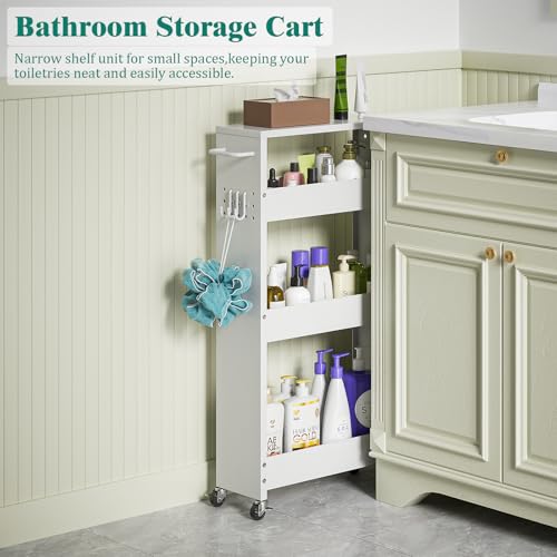 XYZLVSI Slim Storage Cart, Narrow Kitchen Rolling Cart for Small Spaces | 5.9" W skinny storage cart, 12.4" bottom metal utility cart with 360° swivel wheels for bathroom/laundry, slim shelf, white - size: 5.9IN-White