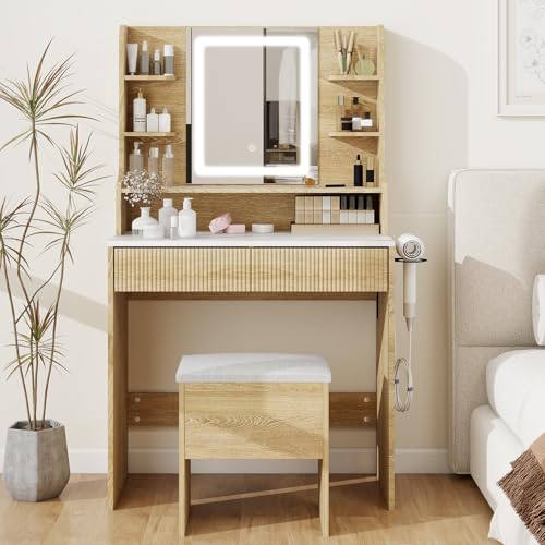 YOURLITE 31.5" Fluted Makeup Vanity Desk with LED Mirror and Stool | Small Vanity Table Set, 3 Lighting Modes, Charging Station, Hairdryer Holder, Cushioned Stool - size: 31.5", style: Wooden