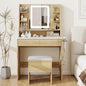 YOURLITE 31.5" Fluted Makeup Vanity Desk with LED Mirror and Stool | Small Vanity Table Set, 3 Lighting Modes, Charging Station, Hairdryer Holder, Cushioned Stool - size: 31.5", style: Wooden
