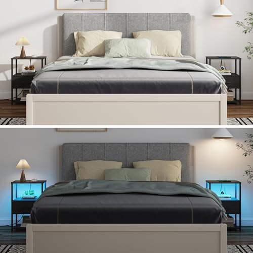 TUTOTAK LED Nightstand Set of 2, Night Stand with Charging Station, End Table, Bedside Table with Fabric Drawer, Side Table for Livingroom and Bedroom, Black TB01BK0692L - color: Black, style: Plug&LED