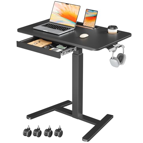 Mobile Standing Desk with Drawer, 32" Rolling Desk with Cup Holder and Hooks, Portable Laptop Cart on Wheels, Height Adjustable Workstation with Storage for Home Office, Black - color: Black, size: 32"