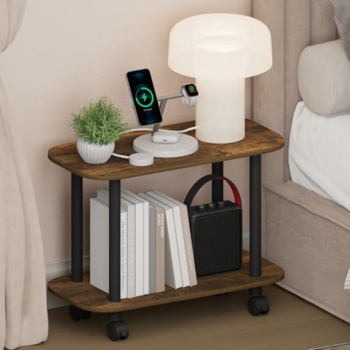 Furinno Turn-N-Tube Night Stand, 2-Tier Oval Nightstand with Wheels, Round Corner Side Table, End Table with Open Shelf, Toolless Assembly, for Living Room, Bedroom, Amber Pine - color: Amber Pine/Black, size: 2-Tier, with Casters