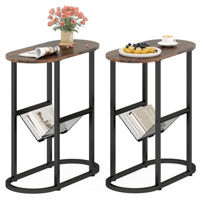 Giantex Oval Narrow Side Table, Set of 2 Small End Table with Magazine Rack Sling Holder Pouch, Industrial Nightstand, Bedside Tables for Living Room Bedroom Couch Small Spaces, Rustic Brown & Black - color: Rustic Brown & Black