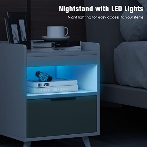 GOFLAME LED Nightstand Set of 2, 3-Tier Sofa Side Table with Drawer & Open Shelf, Remote Control, Aluminum Alloy Leg, Modern End Table for Bedroom, Guest Room, White