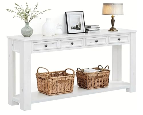 LKTART 63" Console Table for Entryway,Solid Wood Sofa Table with 4 Drawers | 2-Tier Solid Pine Wood Sofa Table,63" Entryway Table with Drawers ,Farmhouse Console Table for Hallway,Foyer,Antique White - color: Antique White