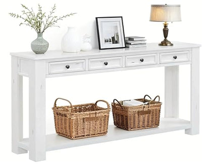 LKTART 63" Console Table for Entryway,Solid Wood Sofa Table with 4 Drawers | 2-Tier Solid Pine Wood Sofa Table,63" Entryway Table with Drawers ,Farmhouse Console Table for Hallway,Foyer,Antique White - color: Antique White