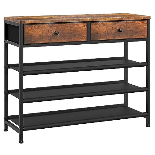 usikey Shoe Rack, 4 Tier Shoe Storage Organizer with 2 Drawers, Metal Shoe Shelf for 12-15 Pairs of Shoes, with 3 Oxford Fabric Shelves and Wooden Top, Shoe Stand for Entryway, Closet, Rustic Brown - color: 4 Tier ( 36.2 X 11 X 29.5 Inches)-rustic Brown