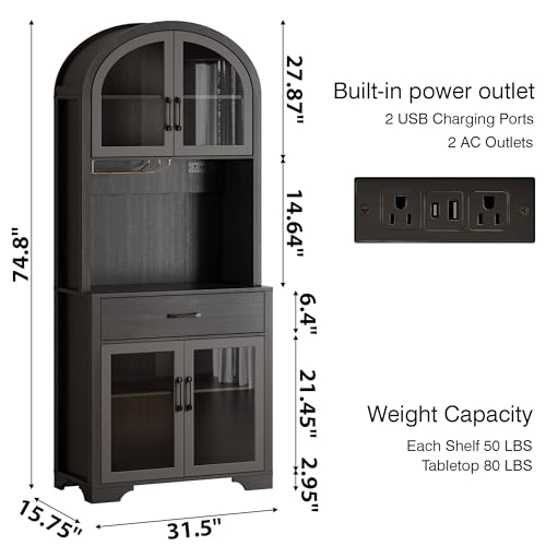 Arched Kitchen Pantry Storage Cabinet, Black Wooden Coffee Bar Cabinet with Drawers, Kitchen Hutch Dining Room Storage Cabinet with Charging Station and LED Light, Kitchen Hutch with Countertop - color: Black